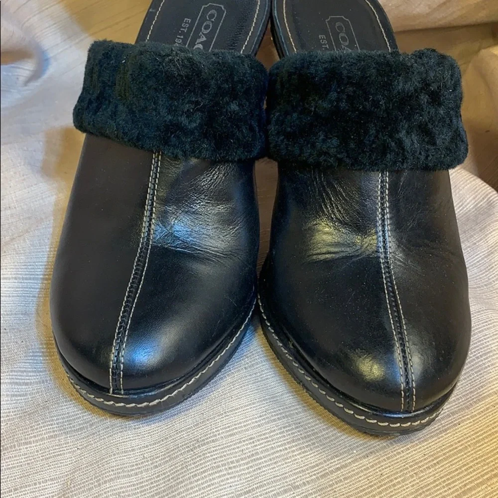 Coach leather furry heeled mules super comfortable
